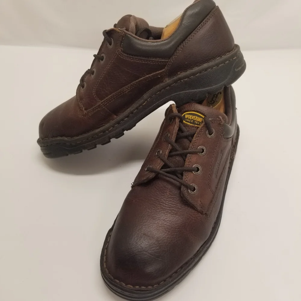 Wolverine Mens Size 9.5 Brown Leather Oxford Padded Heel Ortholite Dura Shocks